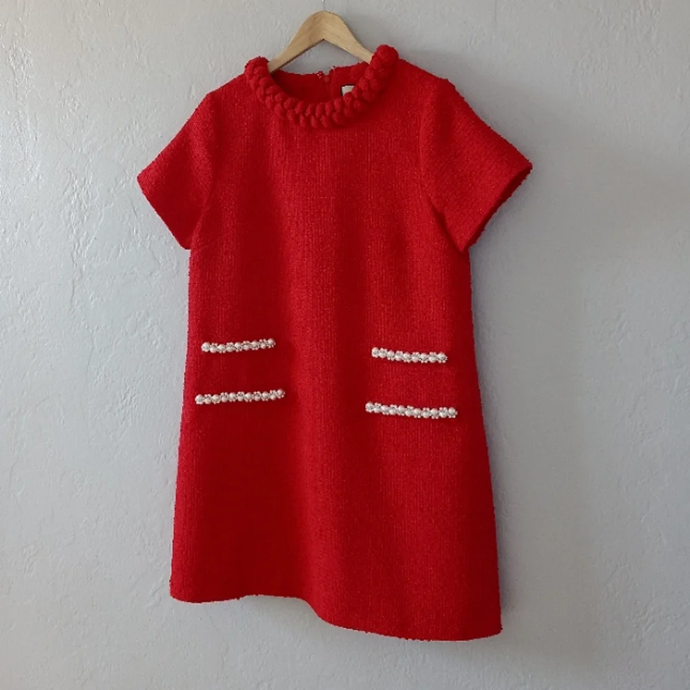 Tuckernuck Red Tweed Jackie Dress Pearl Embellishment L - Picture 5 of 16